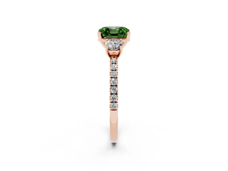 Asscher Cut Three Stone Engagement Ring Setting for a Fancy Green Lab-Grown Diamond | Pave Shoulders | Rose Gold