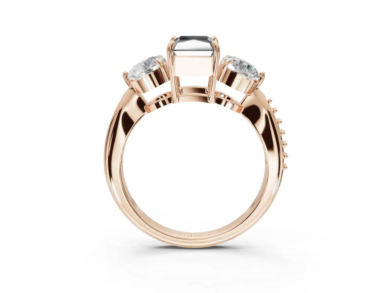 Fancy Black Radiant Cut Lab-Grown Diamond Three-Stone Ring Set in Rose Gold with Channel-Set Band and Prong Setting