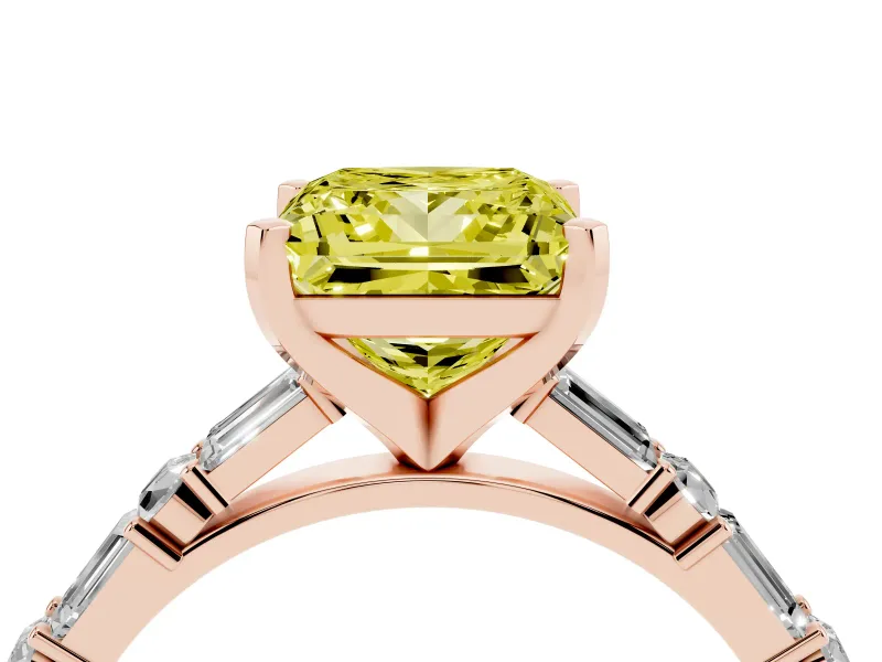 Fancy Yellow Princess Cut Diamond Solitaire Set in Rose gold with Side Baguettes and Channel Set Band