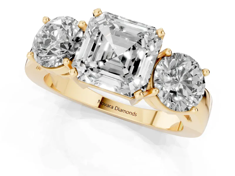 Asscher Cut Diamond Three-Stone Ring Set in Yellow gold with Round Side Stones and Classic Band