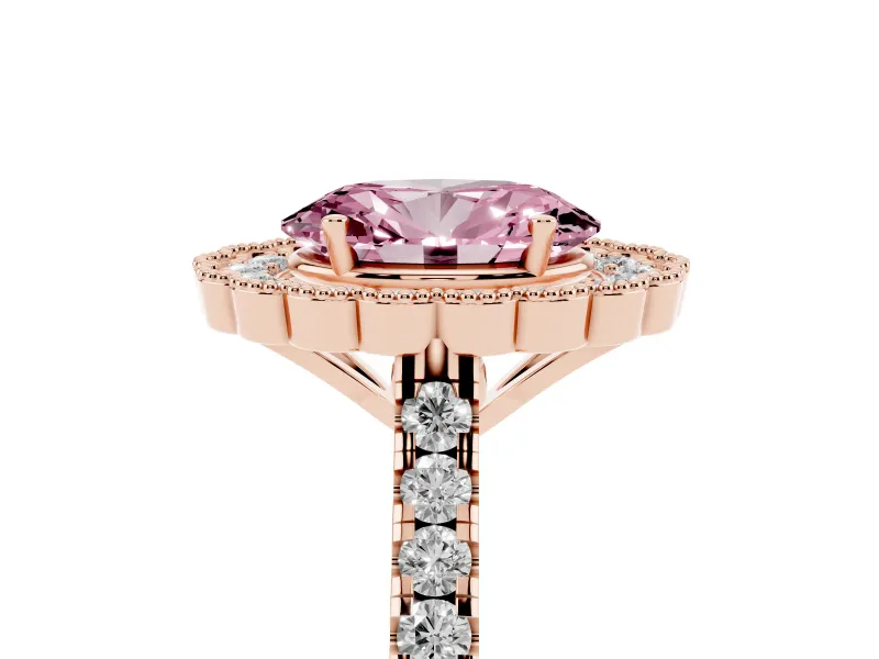 Fancy Pink Oval Cut Diamond Milgrain Floral Halo Engagement Ring Set in Rose gold with Pavé Band