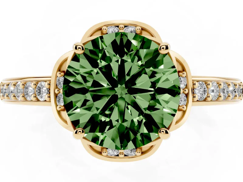 Round Floral Pavé Engagement Ring Setting for a Fancy Green Lab-Grown Diamond | Yellow Gold
