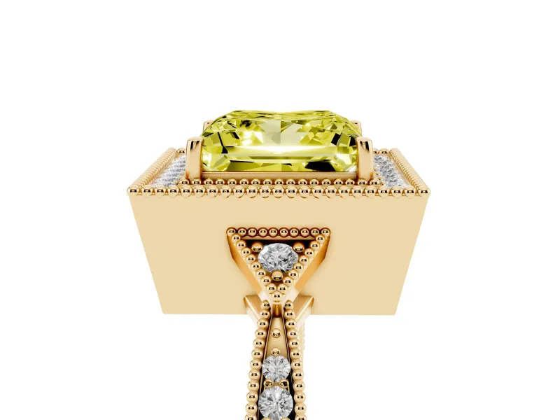 Princess Cut Milgrain Halo Engagement Ring Setting for a Fancy Yellow Lab-Grown Diamond | Graduated Pavé | Yellow Gold