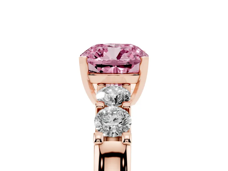 Fancy Pink Cushion Cut Diamond Five-Stone Prong Set Engagement Ring Set in Rose gold with Channel Band