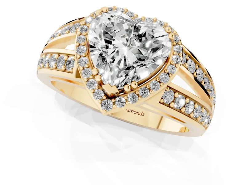 Heart Cut Diamond Halo Ring Set in Yellow gold with Double Pavé Split Shank