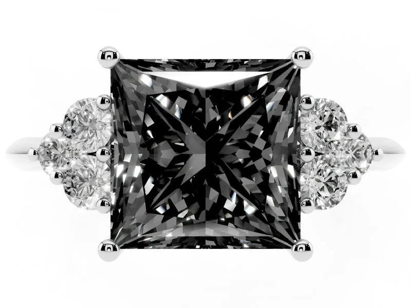 Princess Cut Cluster Accent Engagement Ring Setting for a Black Center | Plain Band | Platinum