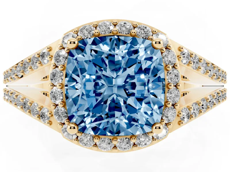 Cushion Cut Halo Engagement Ring Setting for a Fancy Blue Lab-Grown Diamond | V-Split Pavé Band | Yellow Gold