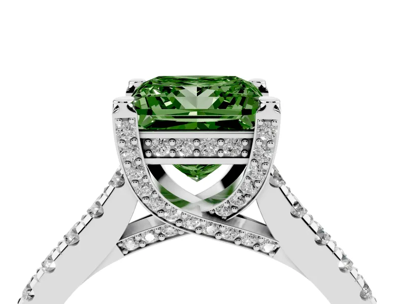 Princess Cut Hidden Halo Pave Engagement Ring Setting for a Fancy Green Lab-Grown Diamond | Claw Prongs | Platinum