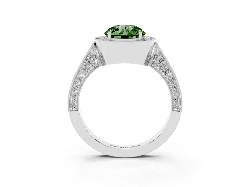 Round Milgrain Halo Engagement Ring Setting for a Fancy Green Lab-Grown Diamond | Side Stones | Platinum