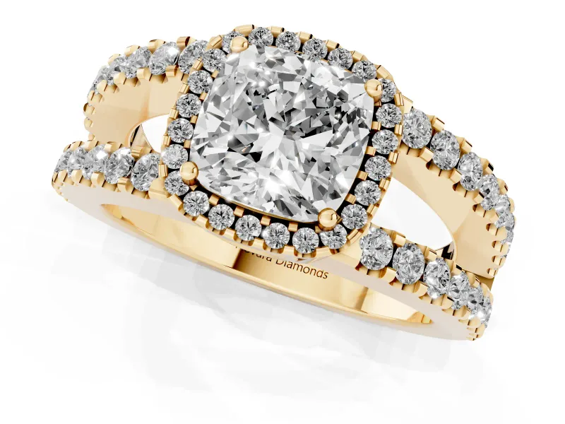 Cushion Cut Diamond Halo Ring Set in Yellow gold with Pavé Split Shank and Prong Setting