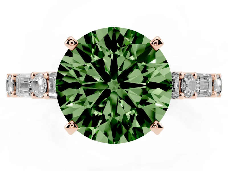 Round Baguette Side Stone Engagement Ring Setting for a Fancy Green Lab-Grown Diamond | Rose Gold