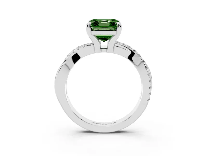 Fancy Green Asscher Cut Diamond Twist Band Solitaire Set in White gold with Pavé Accents and Prong Setting