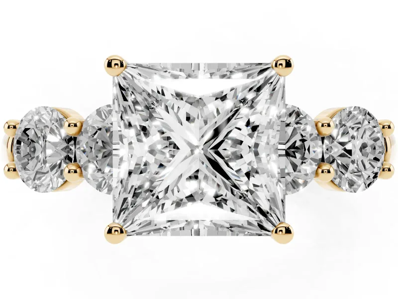 Princess Cut Five Stone Engagement Ring Setting | Prong Set Side Stones | Yellow Gold
