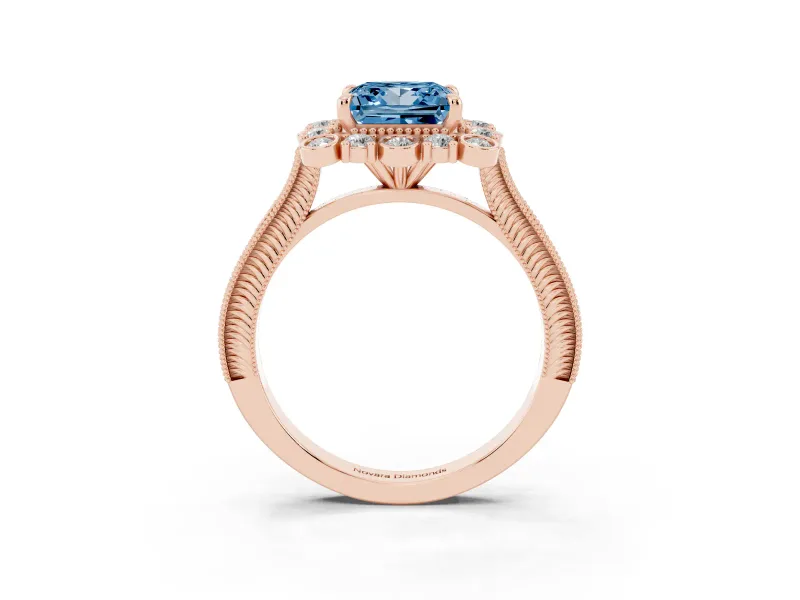 Princess Cut Scalloped Halo Engagement Ring Setting for a Fancy Blue Lab-Grown Diamond | Milgrain Edges | Rose Gold