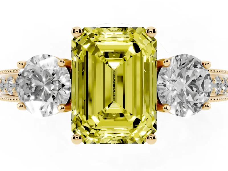 Emerald Cut Three Stone Engagement Ring Setting for a Fancy Yellow Lab-Grown Diamond | Graduated Pave Band | Yellow Gold