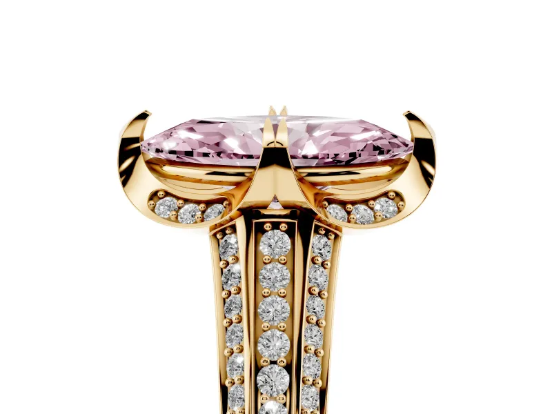 Fancy Pink Marquise Cut Diamond Pavé Split Shank Solitaire Ring Set in Yellow gold with Prong Setting