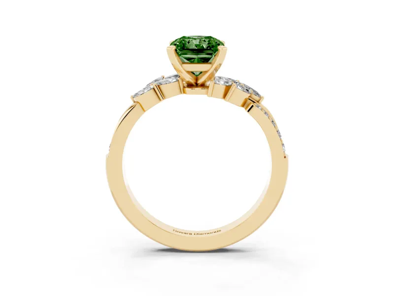 Fancy Green Radiant Cut Diamond Solitaire Ring Set in Yellow gold with Marquise Twist Band and Prong Setting