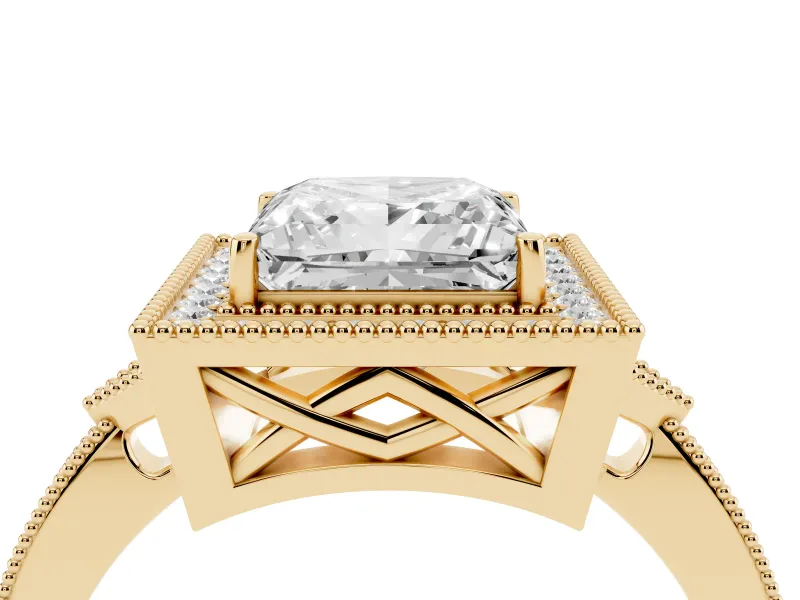 Princess Cut Vintage Milgrain Halo Engagement Ring Setting | Graduated Pavé Band | Yellow Gold