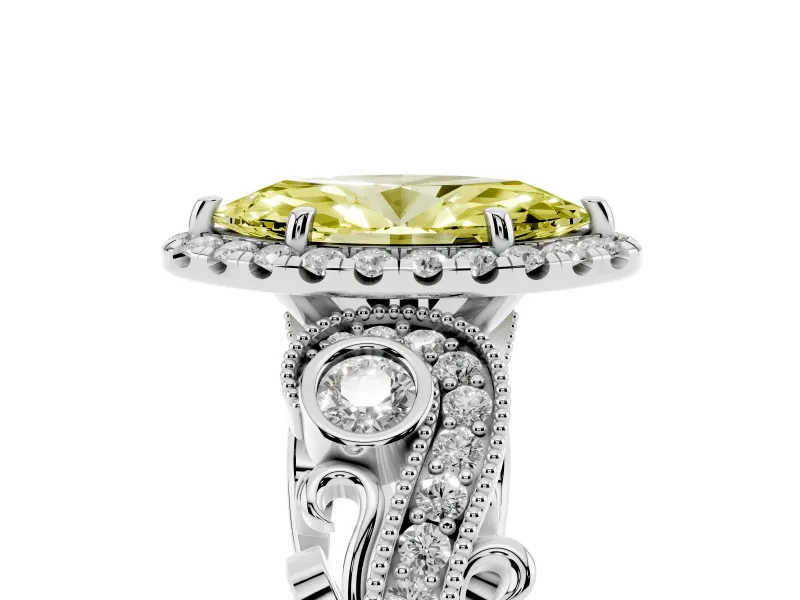 Marquise Vintage Halo Engagement Ring Setting for a Fancy Yellow Lab-Grown Diamond | Bezel Shoulder Accents | Platinum