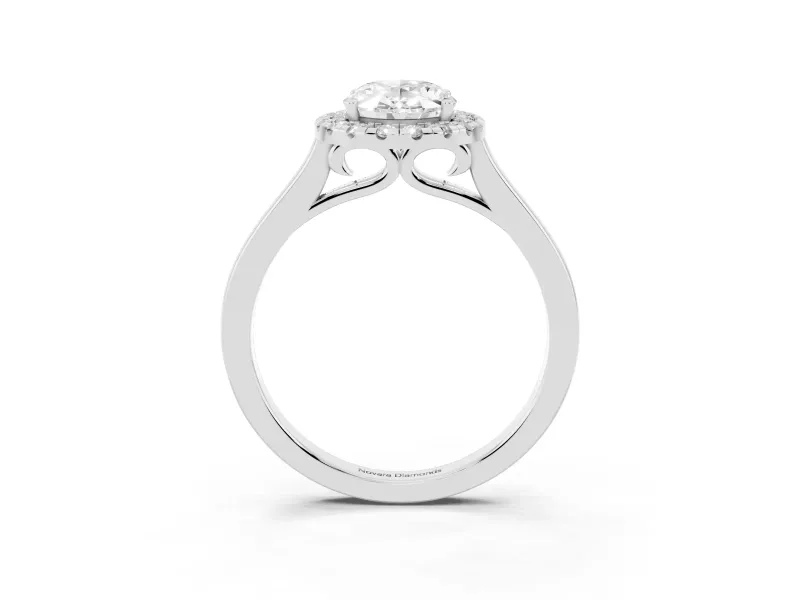 Oval Cut Halo Round Diamond Solitaire Ring Set in White gold with Pavé Band and Prong Setting