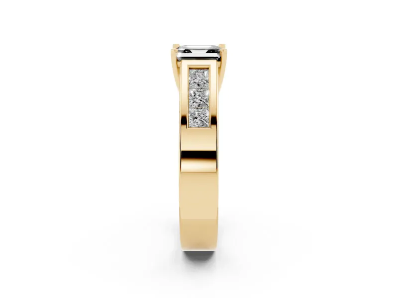Fancy Black Asscher Cut Diamond Solitaire Ring Set in Yellow gold with Channel-Set Accent Stones and Prong Setting
