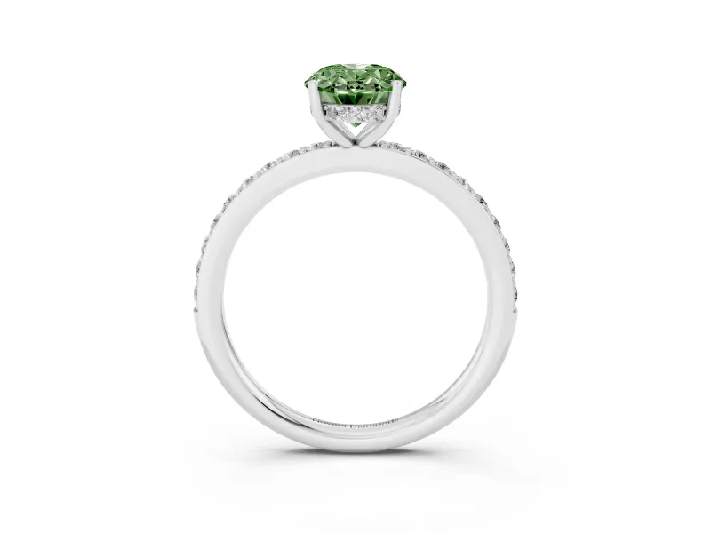 Fancy Green Oval Cut Diamond Pavé Band Ring Set in White gold with Prong-Set Center Stone