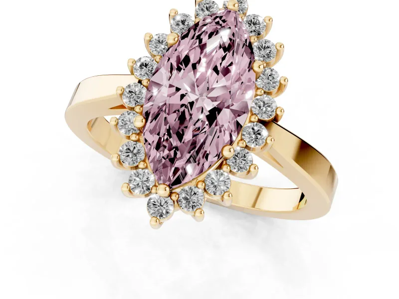 Fancy Pink Marquise Cut Diamond Halo Ring Set in Yellow gold with Round Halo and Smooth Solitaire Band