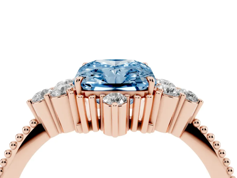Fancy Blue Radiant Cut Diamond Cluster Ring Set in Rose gold with Beaded Band