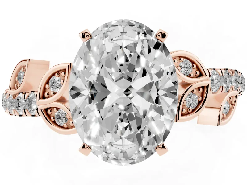 Oval Cut Diamond Solitaire Leaf-Inspired Ring Set in Rose gold with Pavé Band and Prong Setting