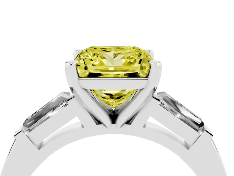 Fancy Yellow Princess Cut Diamond Solitaire Ring Set in Platinum with Tapered Baguette Side Stones and Prong Setting