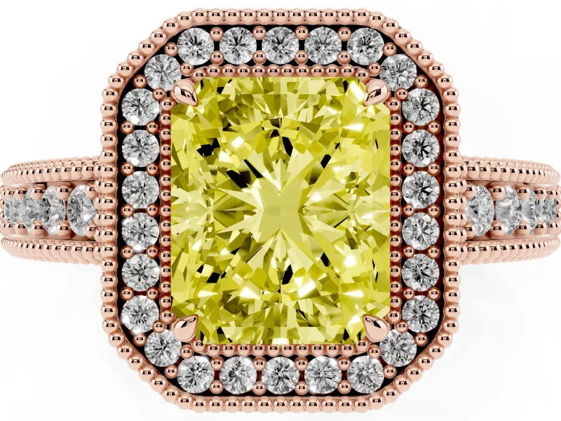 Fancy Yellow Radiant Cut Diamond Halo Ring Set in Rose gold with Round Accent Halo, Pavé Band and Prong Setting