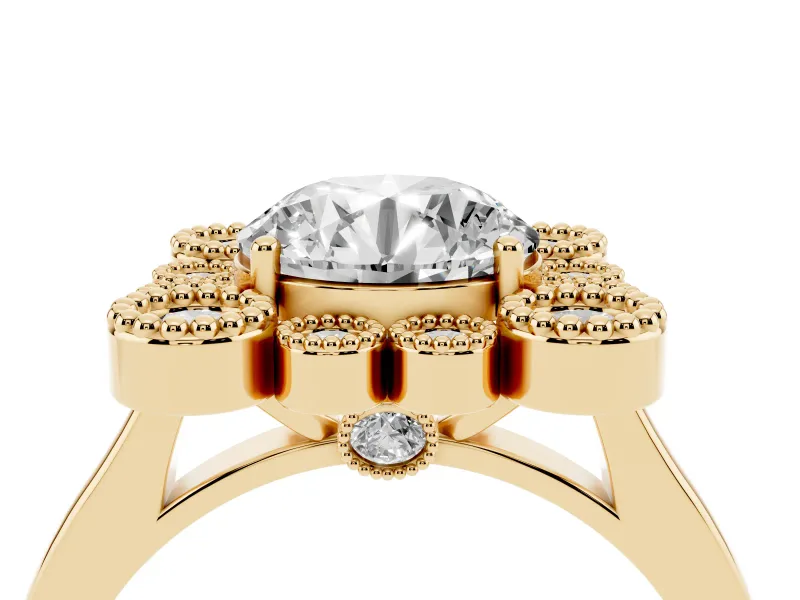 Round Vintage Milgrain Bezel Cluster Halo Engagement Ring Setting | Plain Band | Yellow Gold
