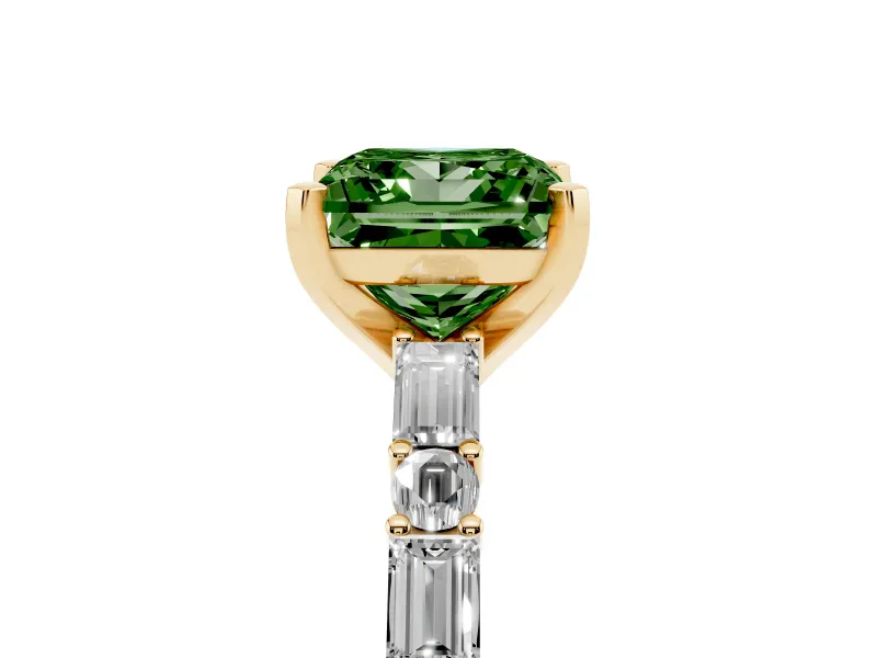 Fancy Green Princess Cut Diamond Solitaire Set in Yellow gold with Side Baguettes and Channel Set Band