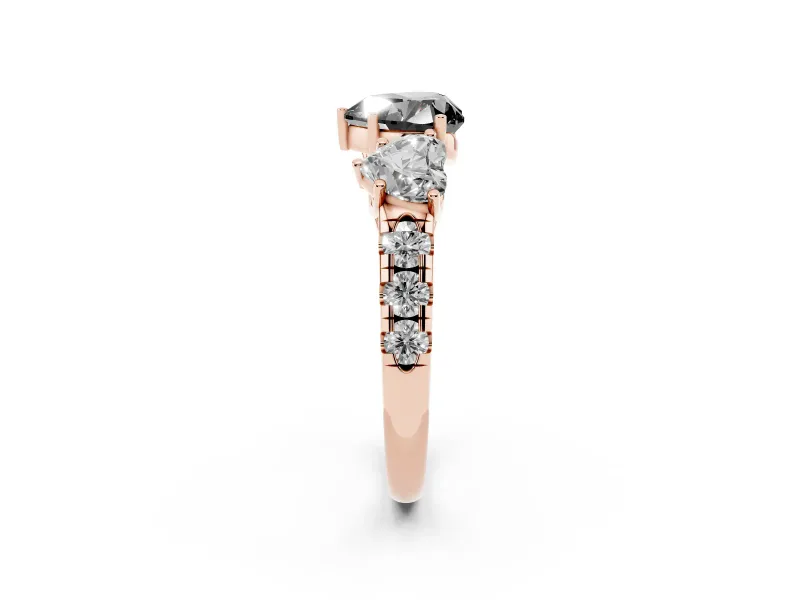 Fancy Black Heart Cut Diamond Three-Stone Ring Set in Rose gold with Pavé Band