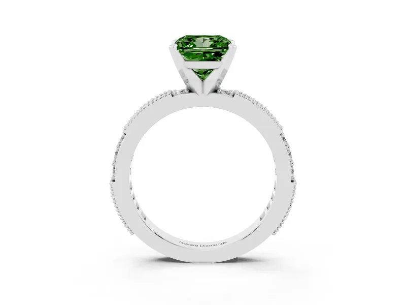 Fancy Green Princess Cut Diamond Solitaire Ring Set in Platinum with Slim Pavé Band and Prong Setting