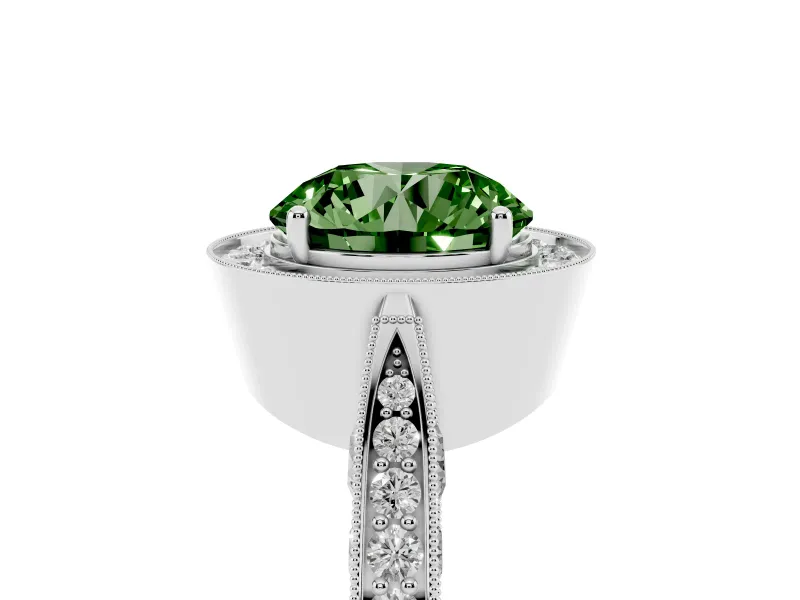 Round Milgrain Halo Engagement Ring Setting for a Fancy Green Lab-Grown Diamond | Side Stones | Platinum