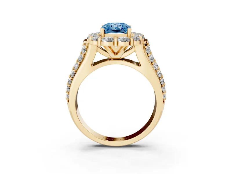 Radiant Cut Large Accent Halo Engagement Ring Setting for a Fancy Blue Lab-Grown Diamond | Graduated Pavé | Yellow Gold
