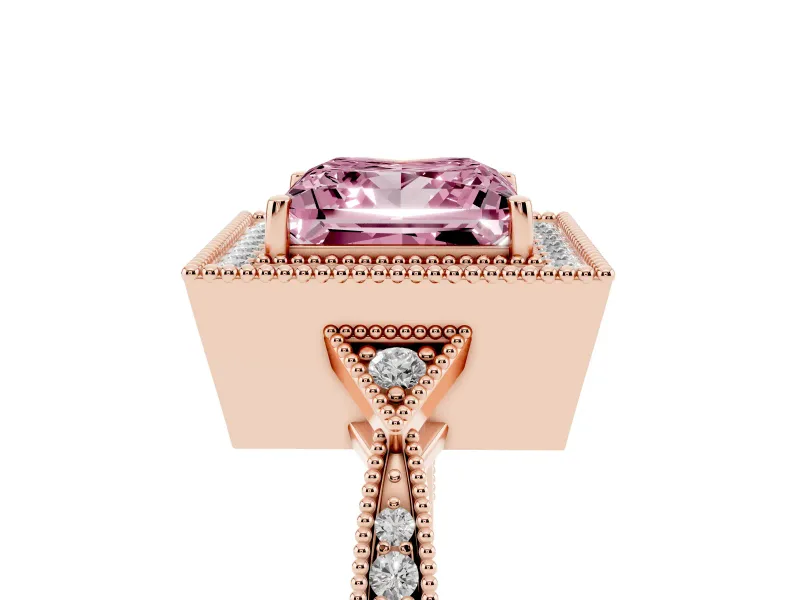 Fancy Pink Princess Cut Diamond Halo Engagement Ring Set in Rose gold with Milgrain Pavé Band