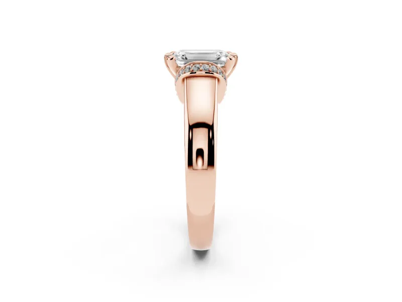 Emerald Cut Pavé Collar Solitaire Engagement Ring Setting | Wide Polished Band | Rose Gold