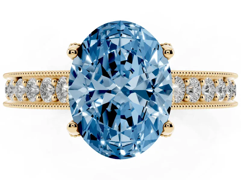 Oval Vintage Hidden Halo Engagement Ring Setting for a Fancy Blue Lab-Grown Diamond | Milgrain Pave Band | Yellow Gold