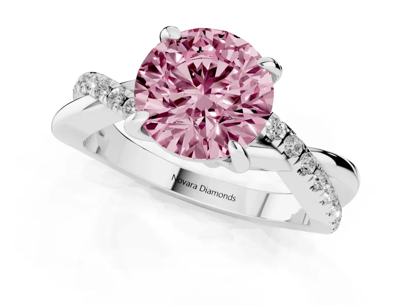 Fancy Pink Round Cut Diamond Twist Band Solitaire Set in White gold with Pavé Accents and Prong Setting