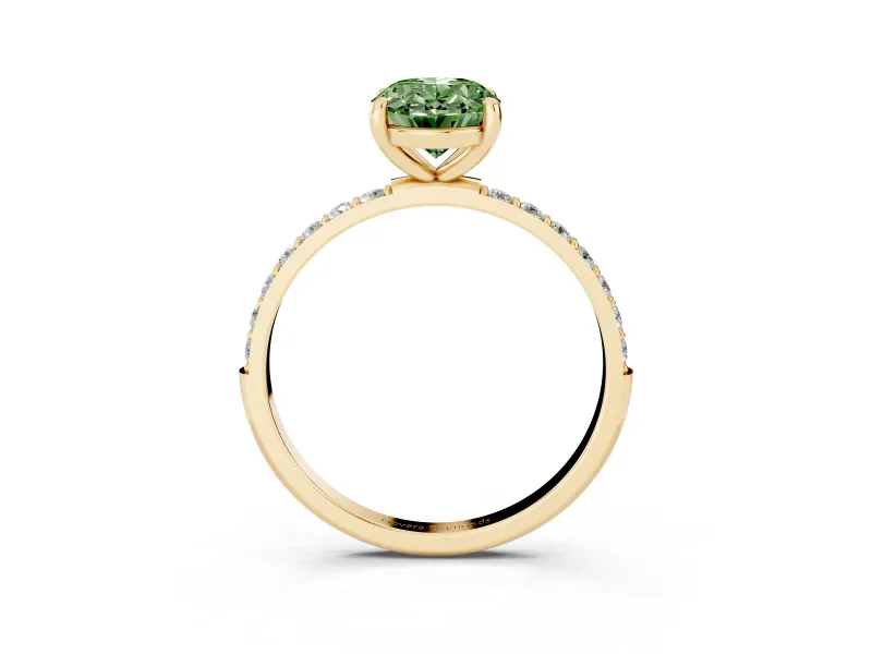 Fancy Green Oval Cut Diamond Solitaire Ring Set in Yellow gold with Round Pavé Band and Prong Setting