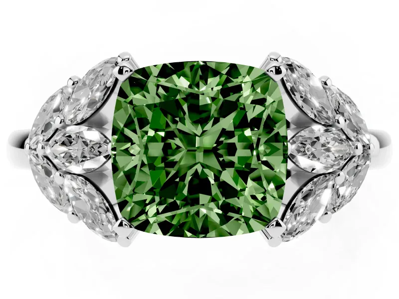 Fancy Green Cushion Cut Diamond Cluster Leaf Design Ring Set in White gold with Prong Setting