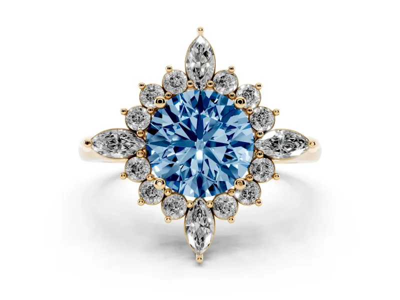 Fancy Blue Round Cut Diamond Cluster Halo Ring Set in Yellow gold with Marquise and Round Accents