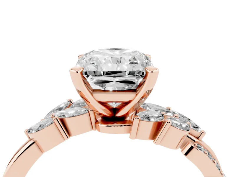 Radiant Cut Diamond Solitaire Ring Set in Rose gold with Marquise Twist Band and Prong Setting