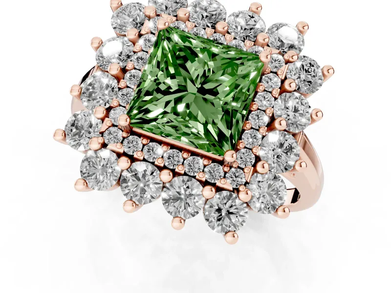 Princess Cut Floral Double Halo Engagement Ring Setting for a Fancy Green Lab-Grown Diamond | Plain Band | Rose Gold