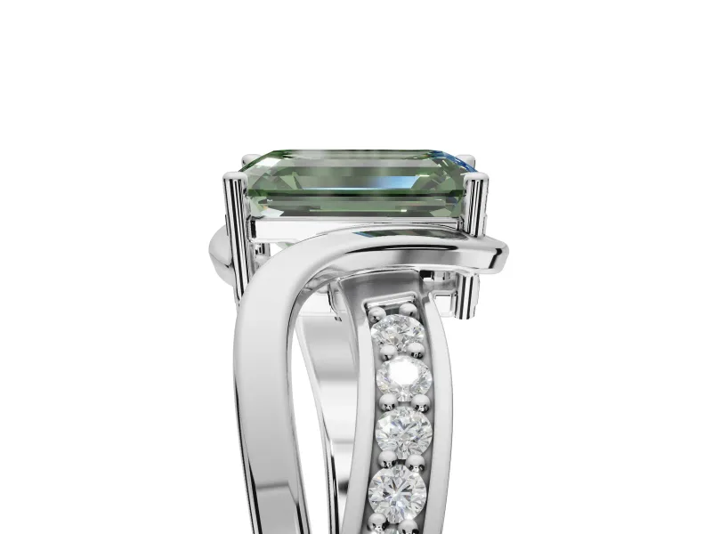 Emerald Cut Bypass Solitaire Engagement Ring Setting for a Fancy Green Lab-Grown Diamond | Pavé Strands | Platinum