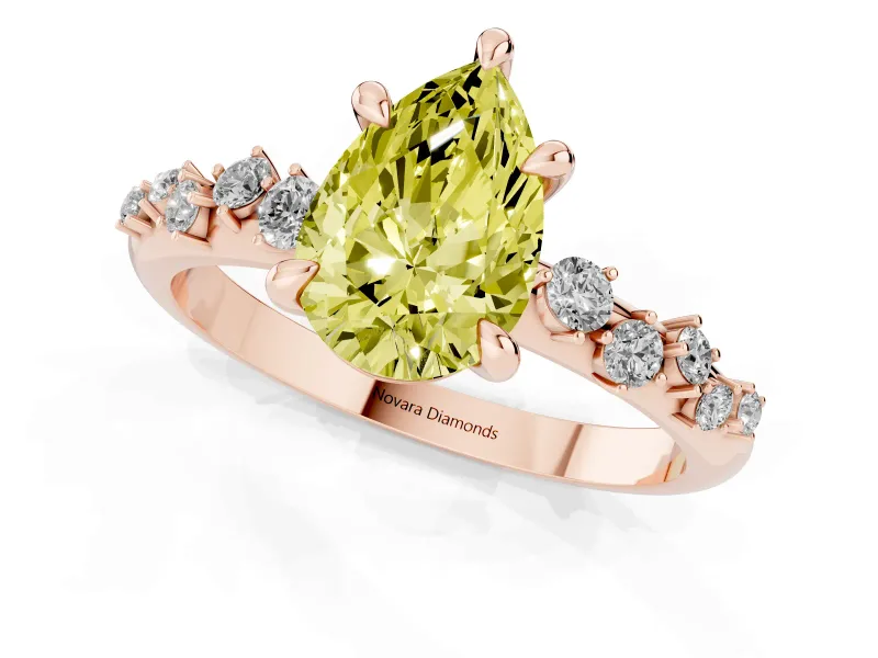 Fancy Yellow Pear Cut Diamond Solitaire Vine Band Ring Set in Rose gold with Round Accents and Prong Setting