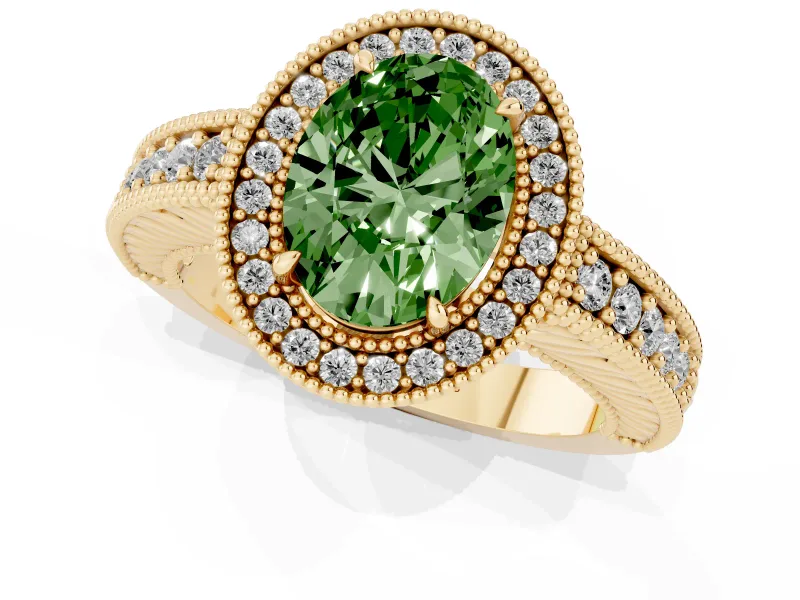 Fancy Green Oval Cut Diamond Halo Ring Set in Yellow gold with Round Accent Halo, Pavé Band and Prong Setting