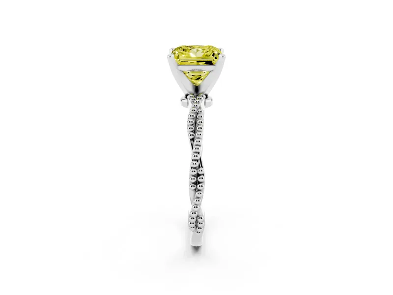 Fancy Yellow Princess Cut Diamond Solitaire Ring Set in White gold with Twisted Band and Bead Prong Setting